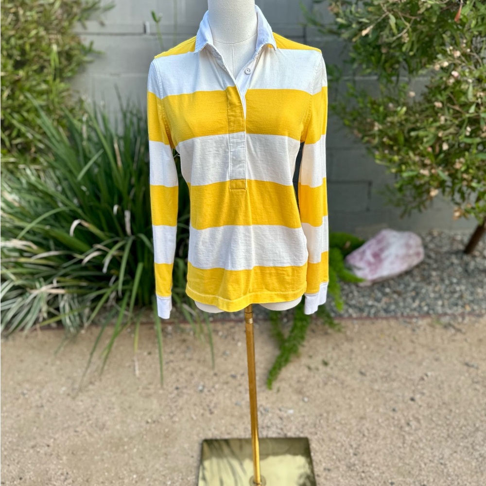 J. Crew Yellow and White Fitted Rugby Polo Long Sleeve Shirt Sz M